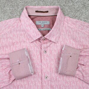 Ted Baker London Flip Cuff Shirt Mens 4 Pink Cotton Pearl Trim L/S Button Down
